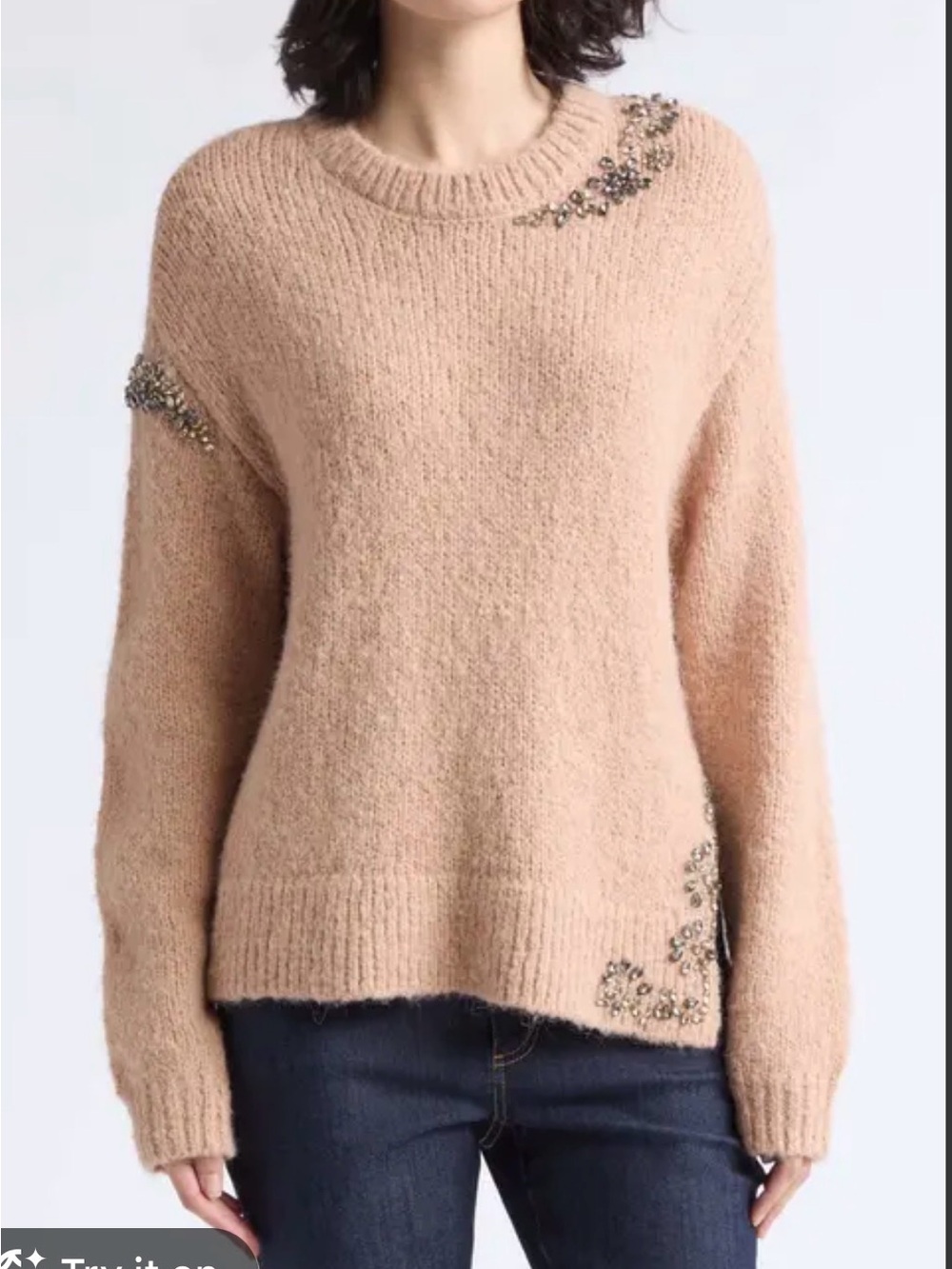 cinq a sept Blush Pink Embellished Crewneck Sweater